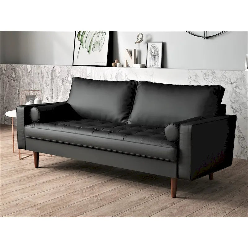 Mid-Century Modern Faux Leather Sofa with Track Arms