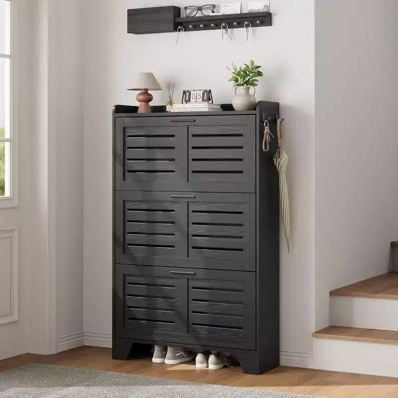 Shoe Storage Cabinet with 3 Flip Drawers, Freestanding Shoe Organizer Storage with 2 Side Hooks, Farmhouse Hidden Slim Narrow Shoe Rack Cabinet