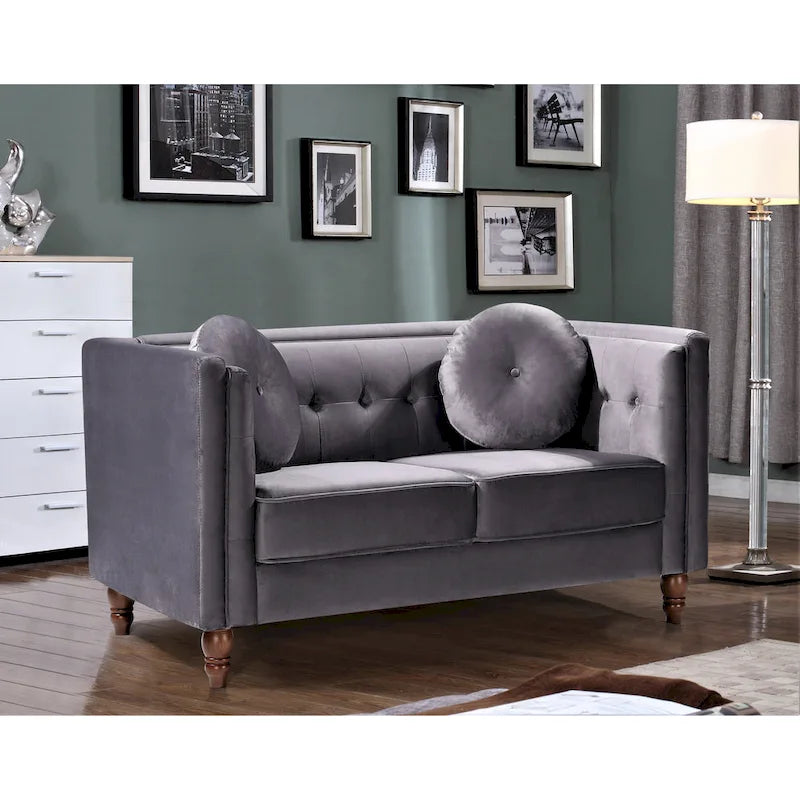 Crushed Velvet Loveseat with Button-Tufted Back and Bolster Pillows