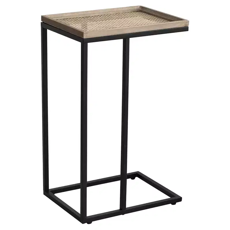 C-Shaped End Table with Woven Rattan Tray Top, Black
