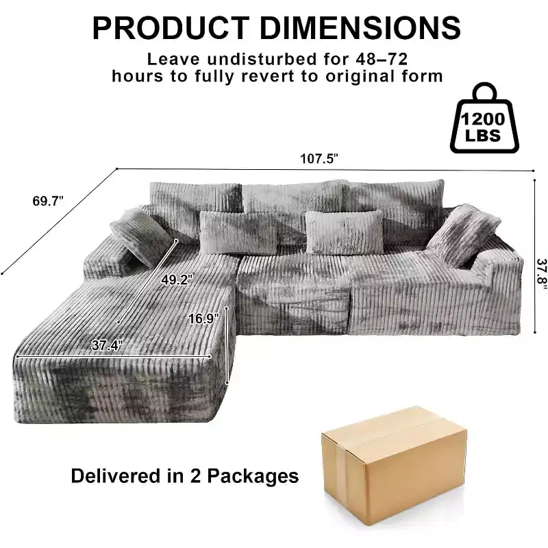 MooxvMoo 107.5 Modular Sectional Sofa, L Shaped Boneless Couches with Chaise, Throw Pillow for Living Room, No Assembly, Grey