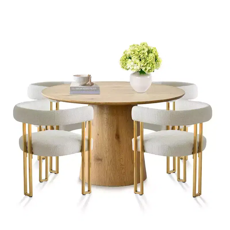 Expandable Round to Oval Dining Table Set with 4 Velvet Armchairs, Modern Pedestal Design, Seats Up to 8 People-Panipeachy