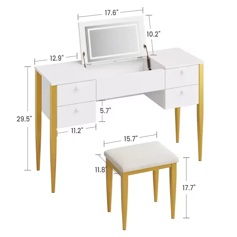 47.2 Makeup Vanity Desk with Lights, Stool, Flip Top and Mirror for Bedroom