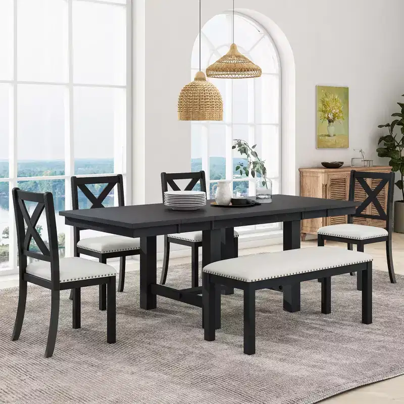 Whisen Farmhouse 6-Piece Extendable Dining Table with 4 Upholstered Chairs and Bench