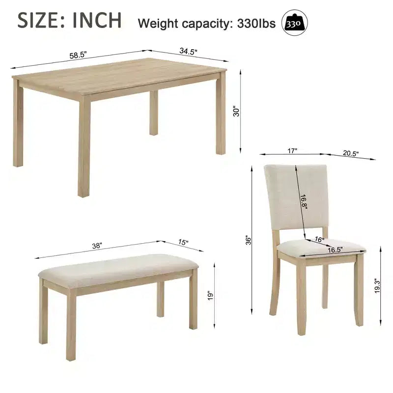 Fen Modern 6-Piece Dining Set with Wooden Rectangular Table, 1 Bench, and 4 Linen Upholstered Chairs