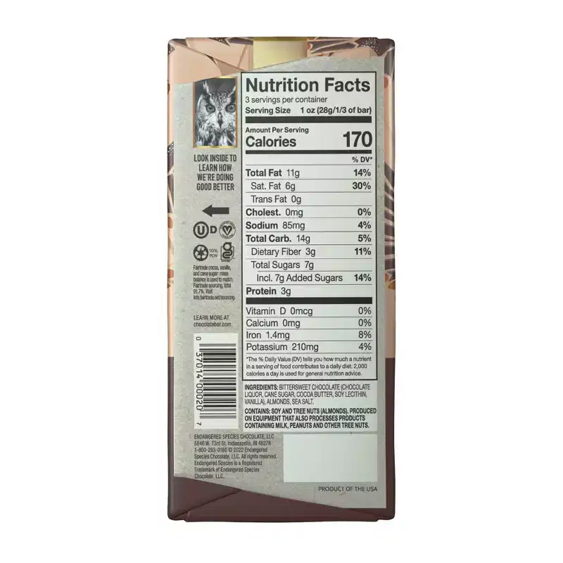 Endangered Species Candy Chocolate Dark Chocolate with Sea Salt & Almonds - 3oz