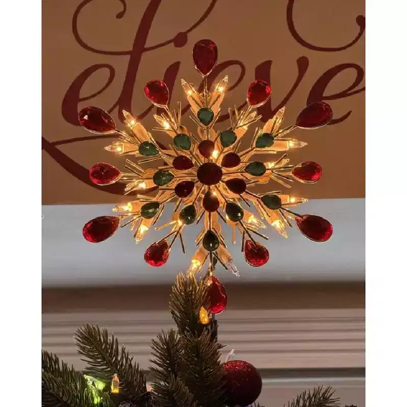 GE 9.5-in Pre-Lit Snowflake Jewel Christmas Tree Topper Gold/Green/Red