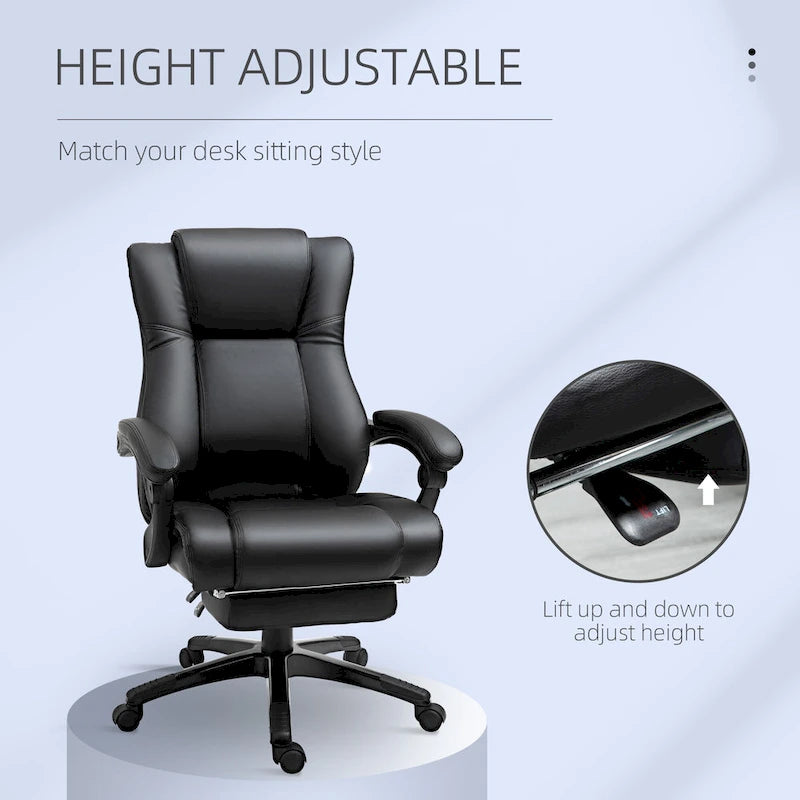 Executive Home Office Chair Padded High Back PU Leather Recliner with Retractable Footrest, Adjustable Height, Black