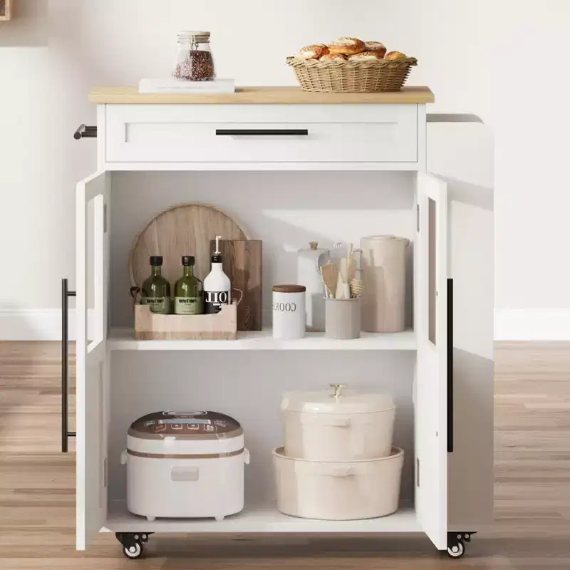 Kitchen Island Cart with Storage, Mobile Rolling Island with Glass Cabinet Doors & Spice Rack for Dining Room & Kitchen, Natural