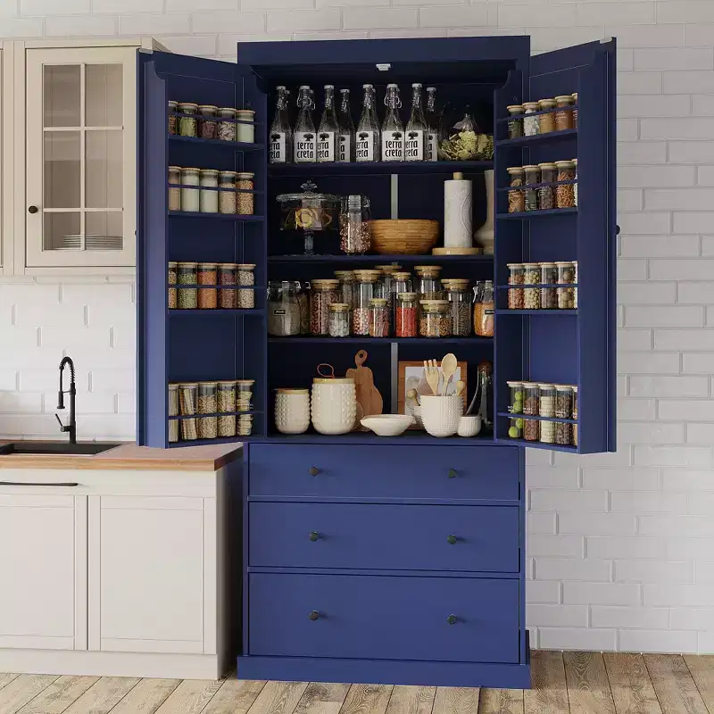 Farmhouse Kitchen Pantry Door Shelves, Freestanding Tall Cupboard Storage Cabinet with 3 Adjustable Shelves and 3 Drawers for Dining Room