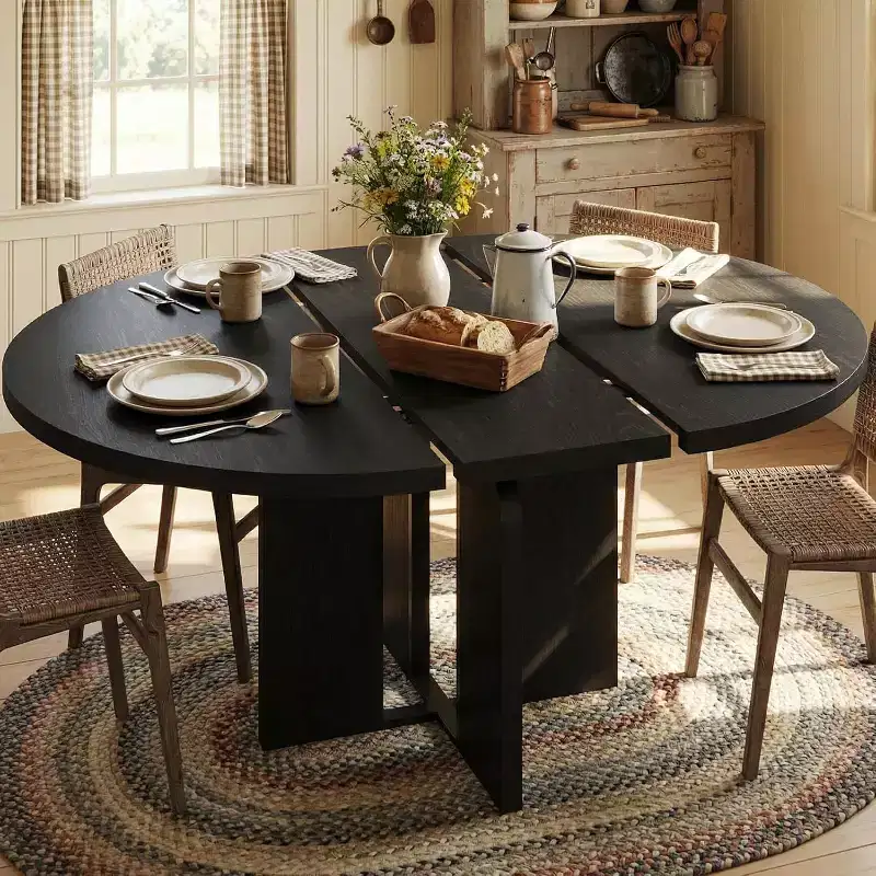 47-63 Extendable Round Dining Table for 4-8, Farmhouse Wood Expandable Kitchen Table with Metal Frame, Oval Space Saving for Apartment, Retro Gray