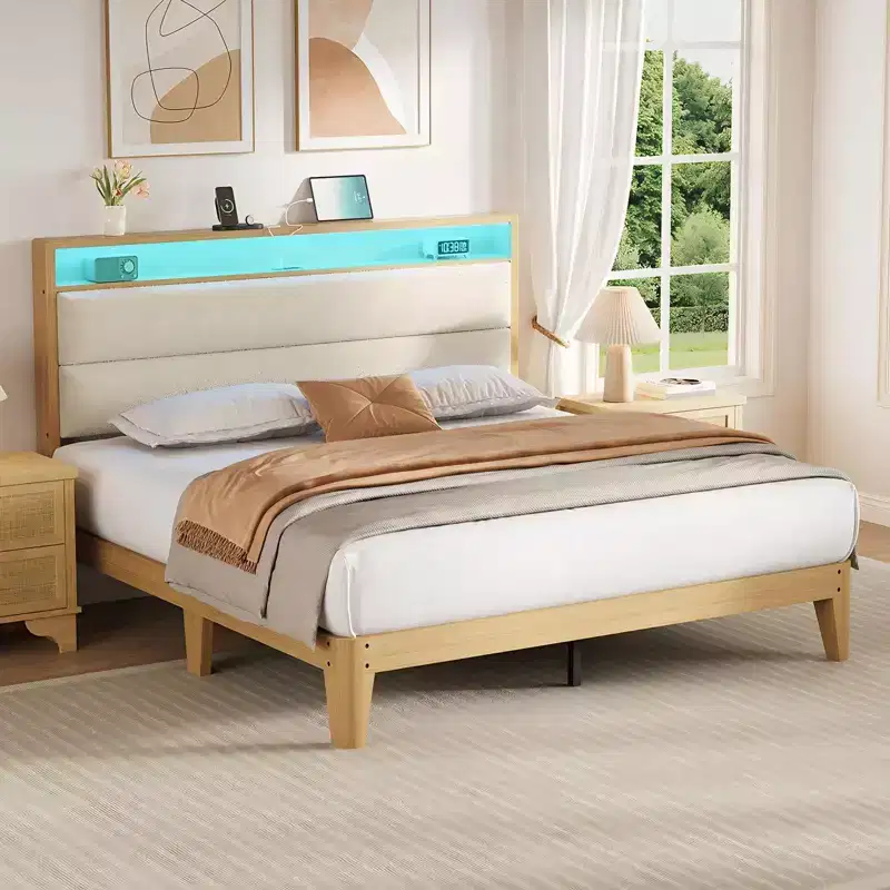 Queen Size Bed Frame, Boucle Platform Bed Frame with LED Lights, Upholstered Headboard with Built-in Charging Station, No Box Spring Needed, Cream
