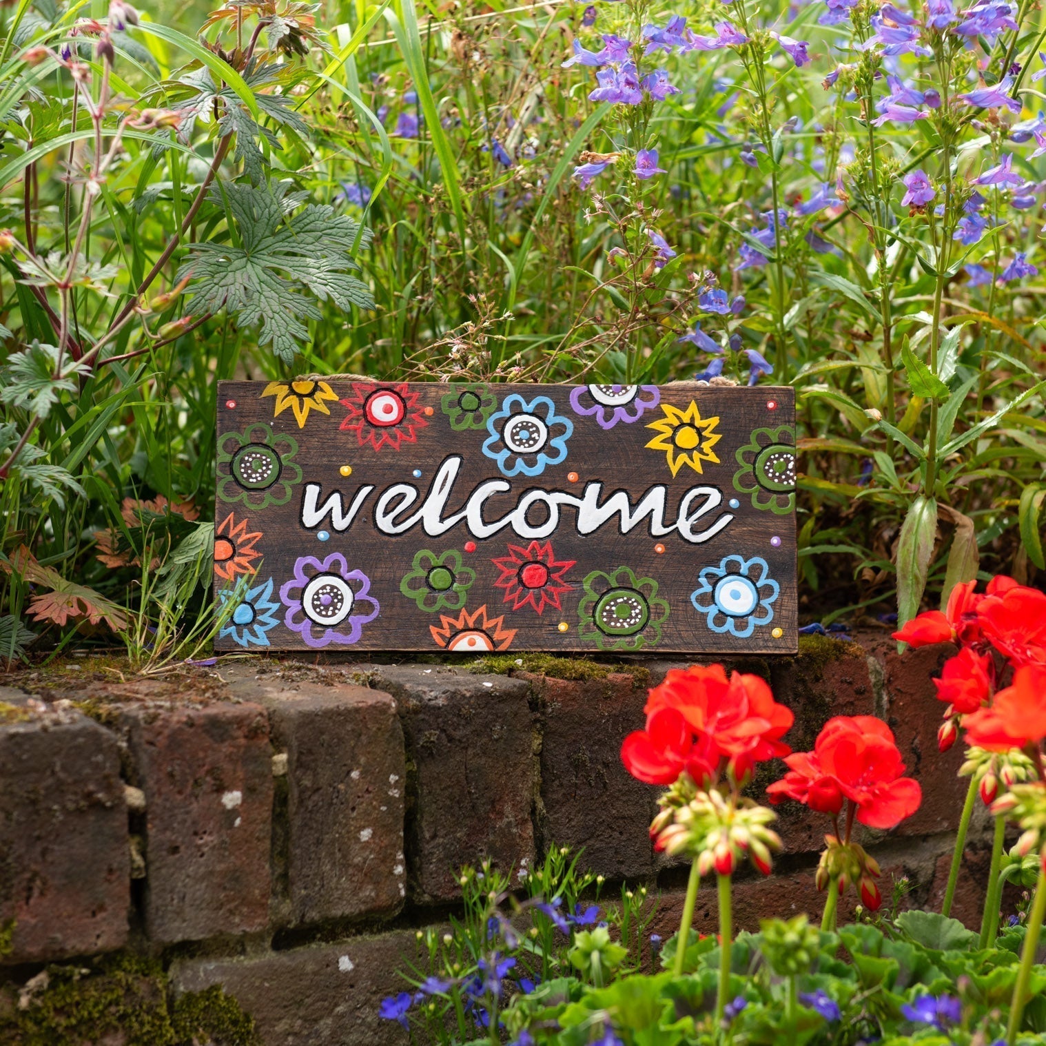 Welcome, Hand-Painted Floral Wood Hanging Plaque