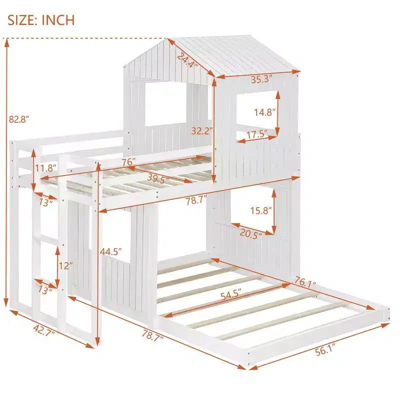 Bellemave Wooden Twin Over Full Bunk Bed, Loft Bed with Playhouse, Farmhouse, Ladder and Guardrails, White