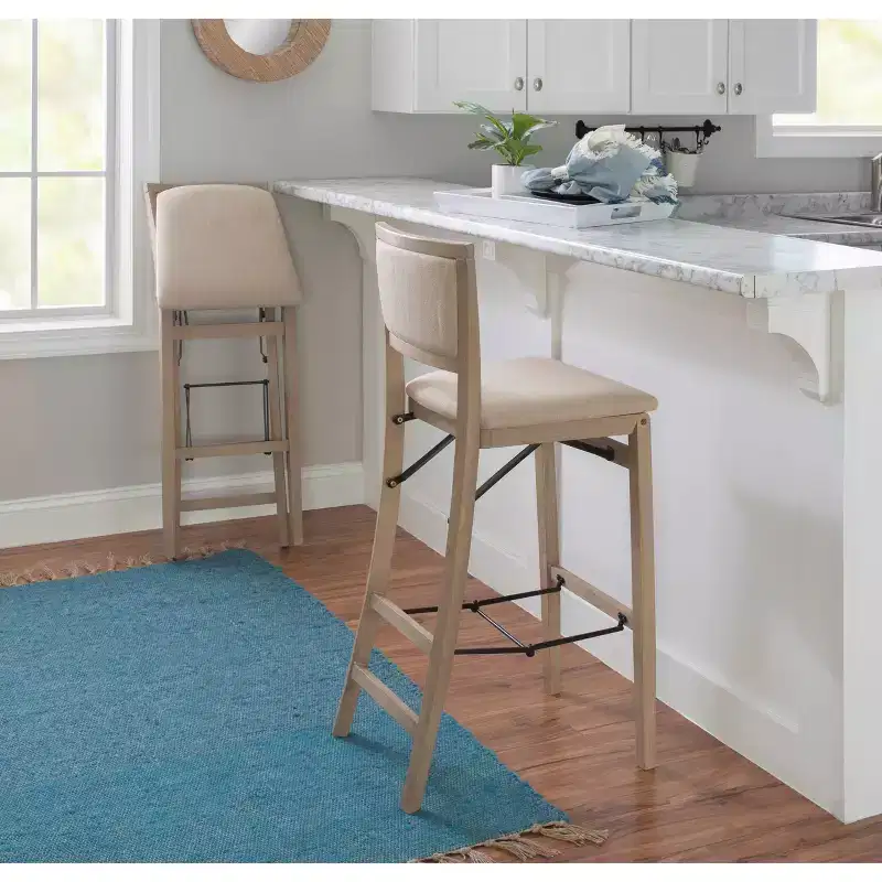 Folding Barstool, Padded Back & Seat, Gray Wash Wood, 30.75