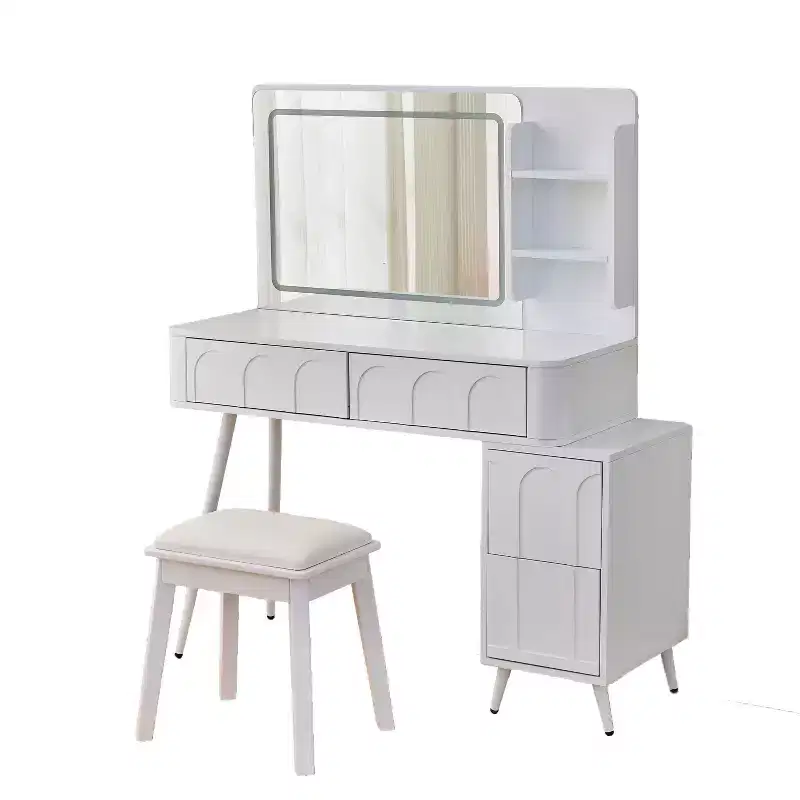 Homy Casa Vanity Desk with LED Mirror, Storage Drawers & Shelf, Stool for Bedroom or Dressing Room, White