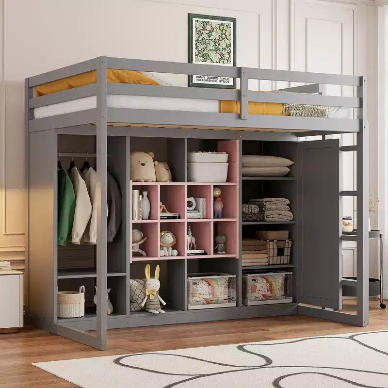 GDFStudio Donahue Wood Loft Bed with Wardrobe, shelves and Cabinet