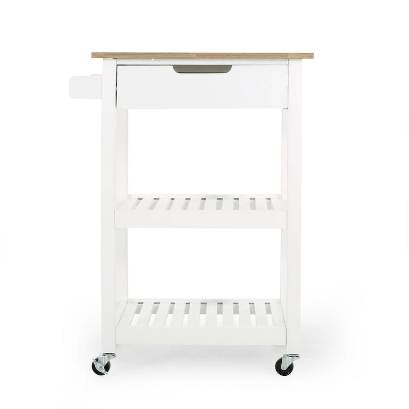 Compact Rolling Kitchen Cart with Rubberwood Top Drawer 2 Slatted Shelves and Towel Rack