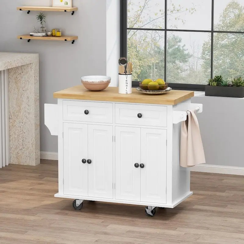 Rolling Kitchen Island Cart with Wood Top 2 Drawers 4-Door Cabinet and Towel Rack