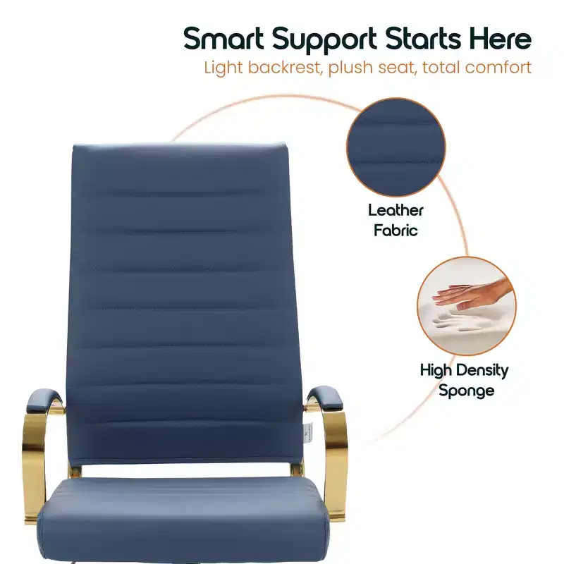 LeisureMod Benmar High-Back Ribbed Leather Office Chair - Modern Swivel & Tilt Executive Desk Chair - Gold Base