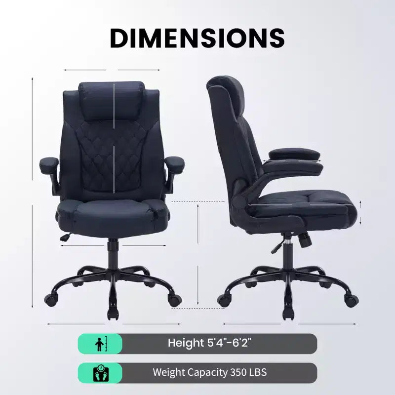 Heavy Duty Ergonomic Office Chair �C 350 lbs, PU Leather, Lumbar Support & Flip-Up Arms