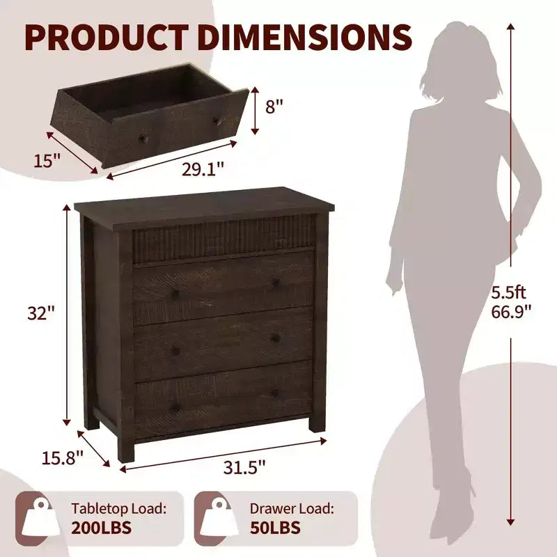 3-Drawer Dresser Nightstand, Wooden Fluted End Table for Bedroom, Brown Red