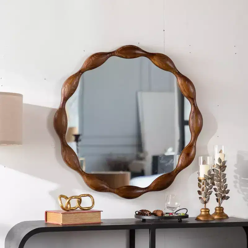 GDFStudio Ursa Farmhouse Wooden Round Waved Decorative Wall Mirror