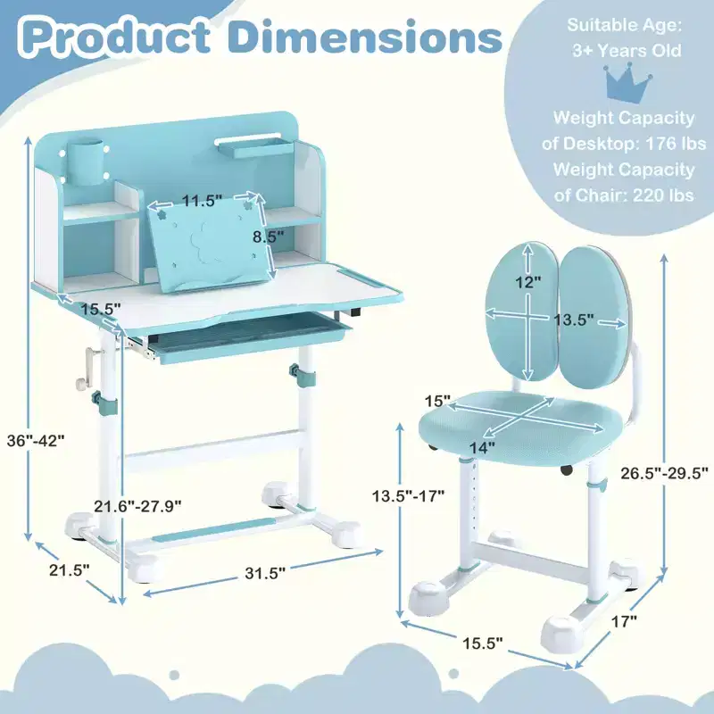 Costway Kids Study Desk & Chair Set with Tilt Desktop, Pen Holder & Tray, Reading Stand Blue/Gray