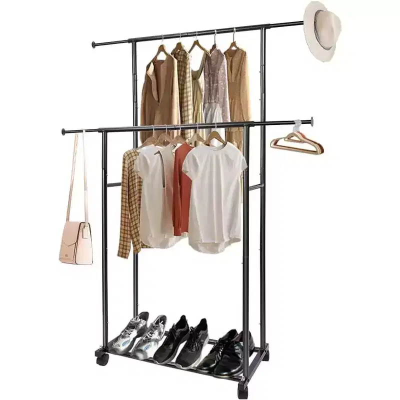 Heavy Duty Double Rod Rolling Clothes Rack, Adjustable Metal Garment Rack with 150 lbs Load Capacity, Locking Wheels & Bottom Shelf