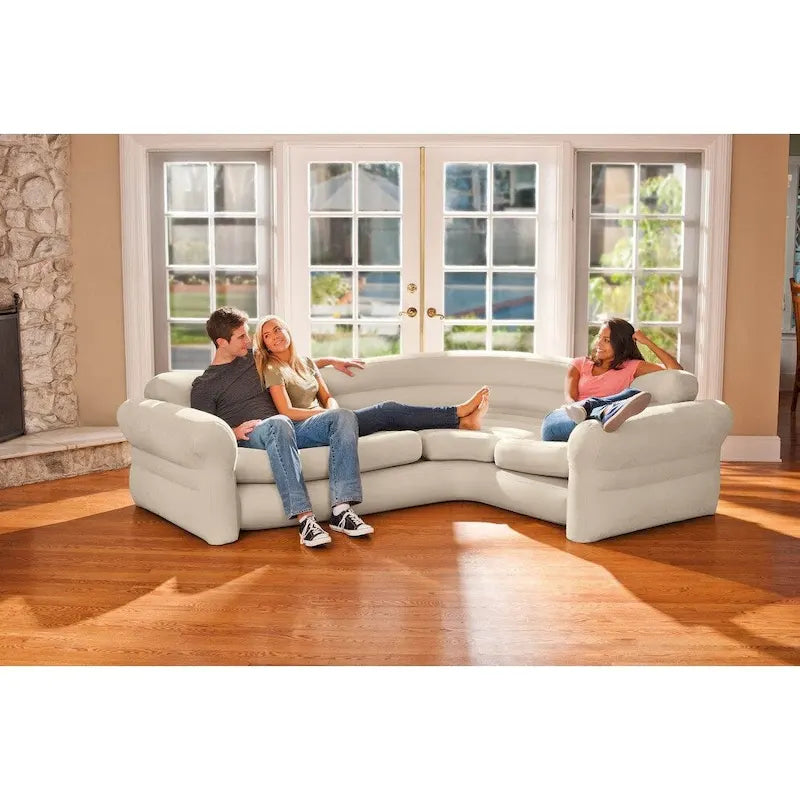 L-Shaped Inflatable Corner Sofa Lounge Couch with Cupholders, Gray, Set of 2