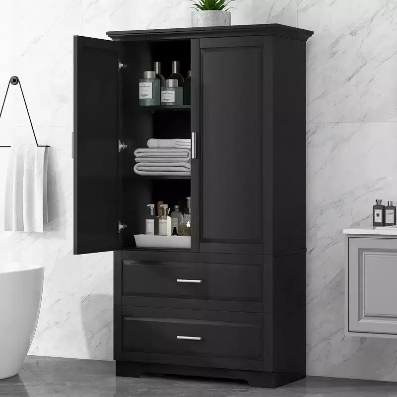 GDFStudio Elliot Modern Tall Freestanding Wood Bathroom Storage Cabinet with Adjustable Shelf, Drawers and Doors