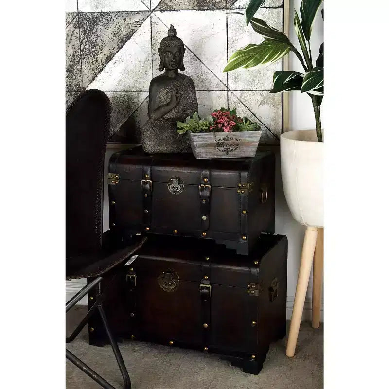 Set of 3 Traditional Wood Trunks Brown - Olivia & May: Distressed Finish, No Assembly, Decorative Storage