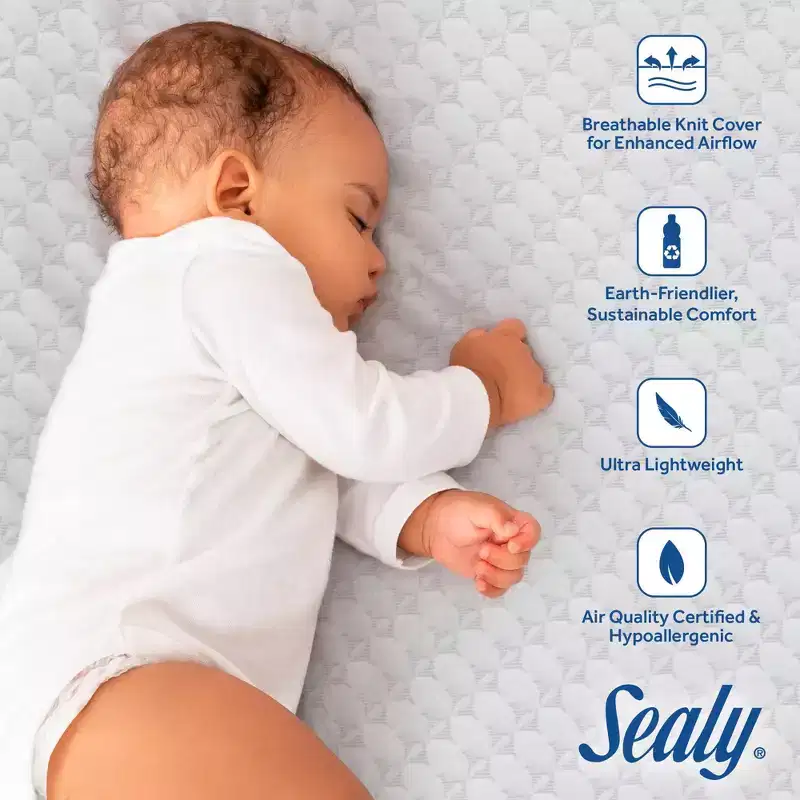 Sealy Refresh Breathable Knit Crib 6 Foam Mattress - White: Firm Side/Soft Side, Hypoallergenic, Waterproof Cover