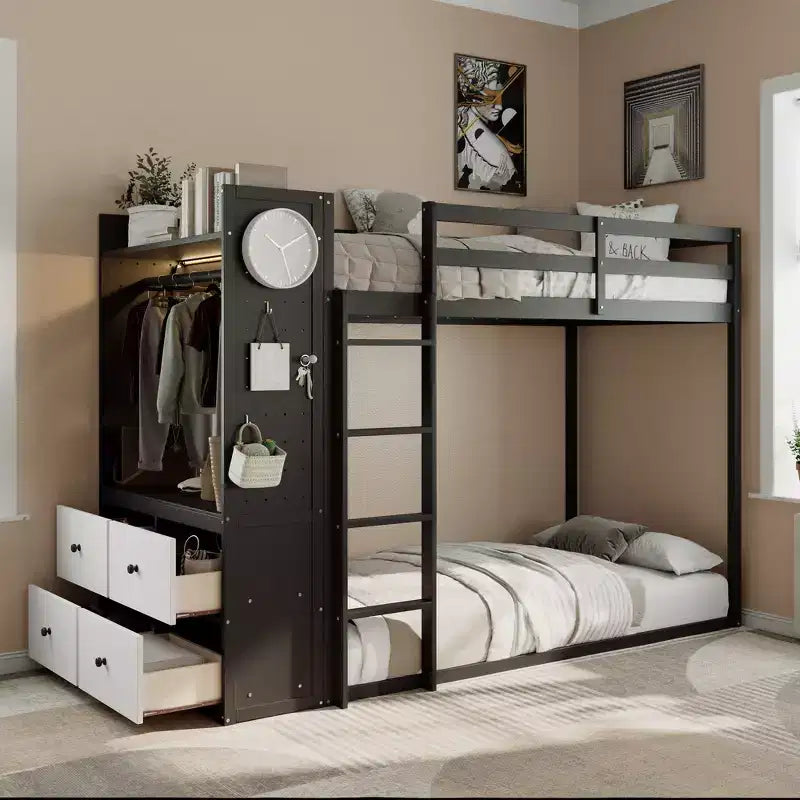 Twin Bunk Bed Frame with 4 Storage Drawers, Hanging Rail, Built-in Shelves & Dual Pegboards