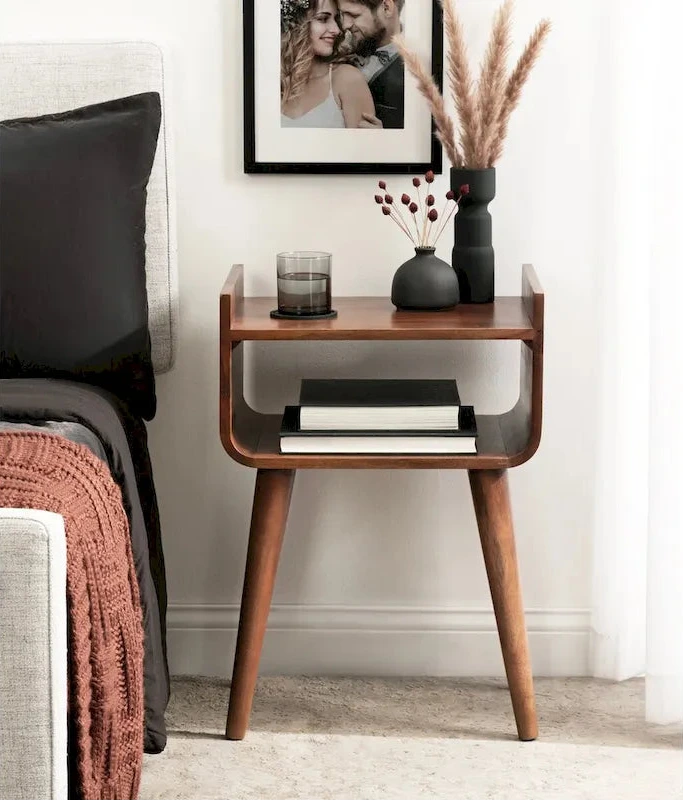 Mid-Century Modern Solid Wood Side Table with Open Shelf, Walnut Brown - 18x14x27