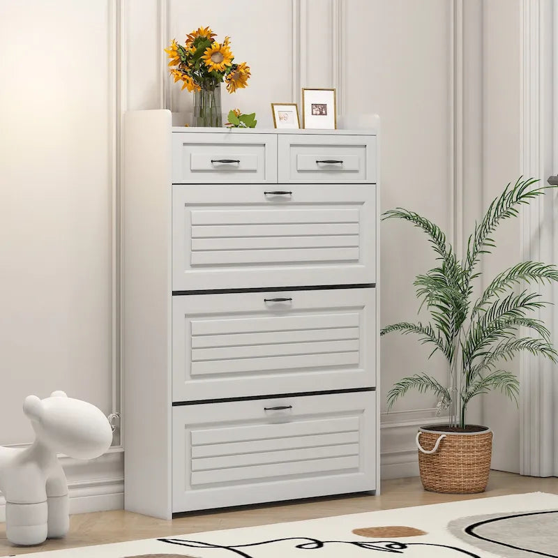 Modern Hall Tree with Shoe Bench, 5 Hooks and Slatted Door Cabinet, White