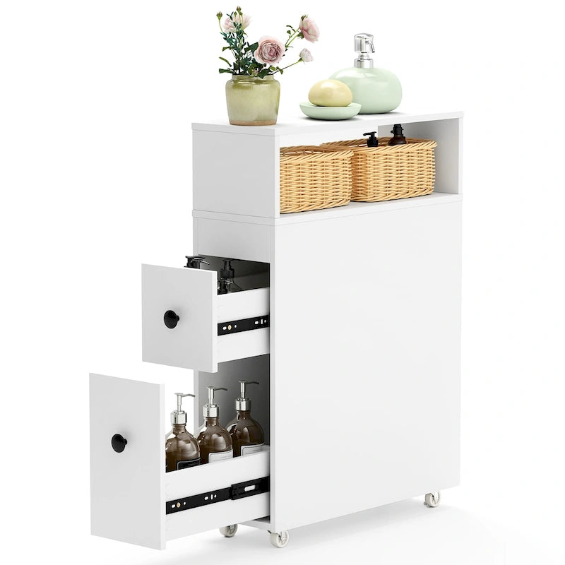 Slim Movable Bathroom Storage Cabinet with Rattan Baskets