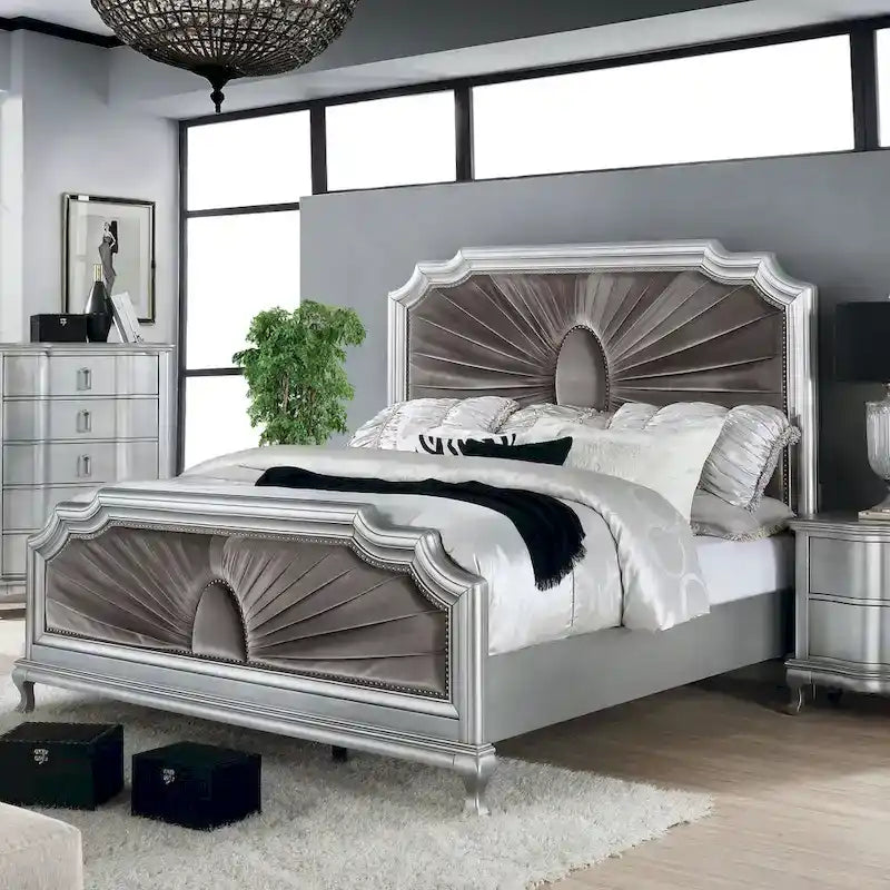 Glam Silver Solid Wood Panel Bed