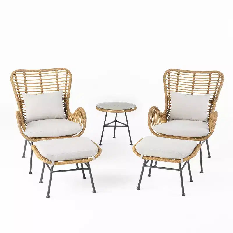 Christopher Knight Home Bechtel Outdoor Wicker and Tempered Glass 5 Piece Chat Set with Ottomans