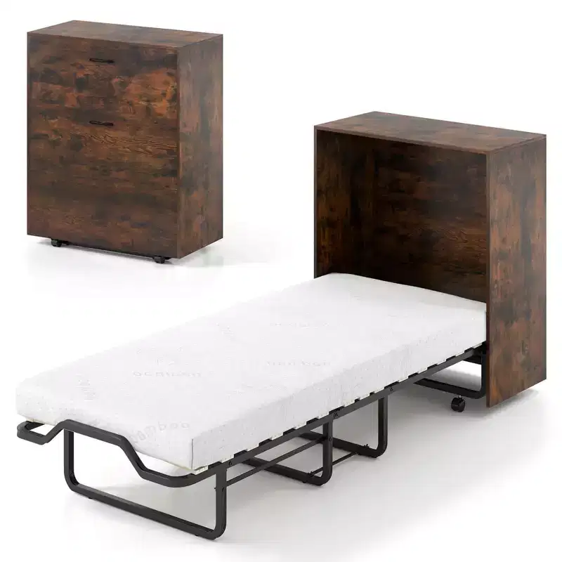 Costway Cot Size Murphy Bed with Storage Rolling Murphy Cabinet with Foldable Bed