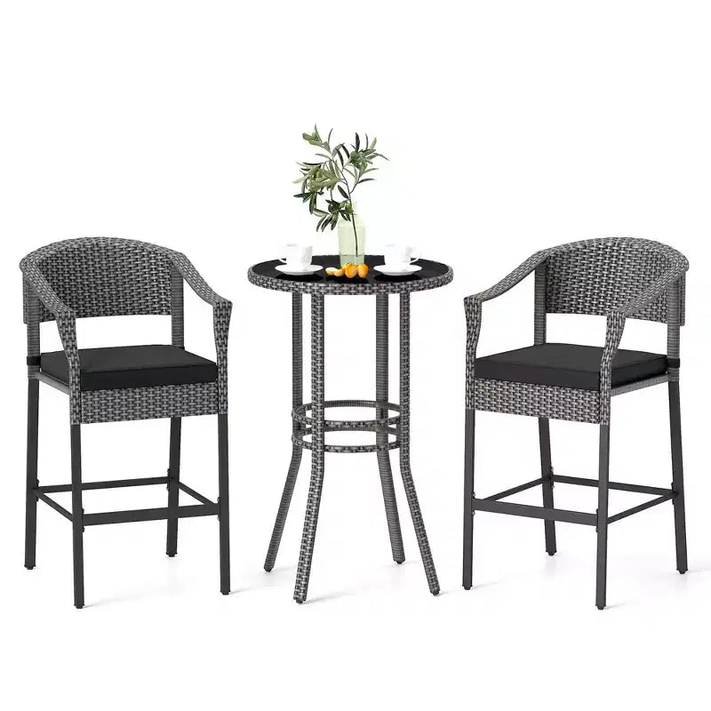 Costway 3-Piece Patio Rattan Bar Set Wicker Bar Height Armchairs & Round Table