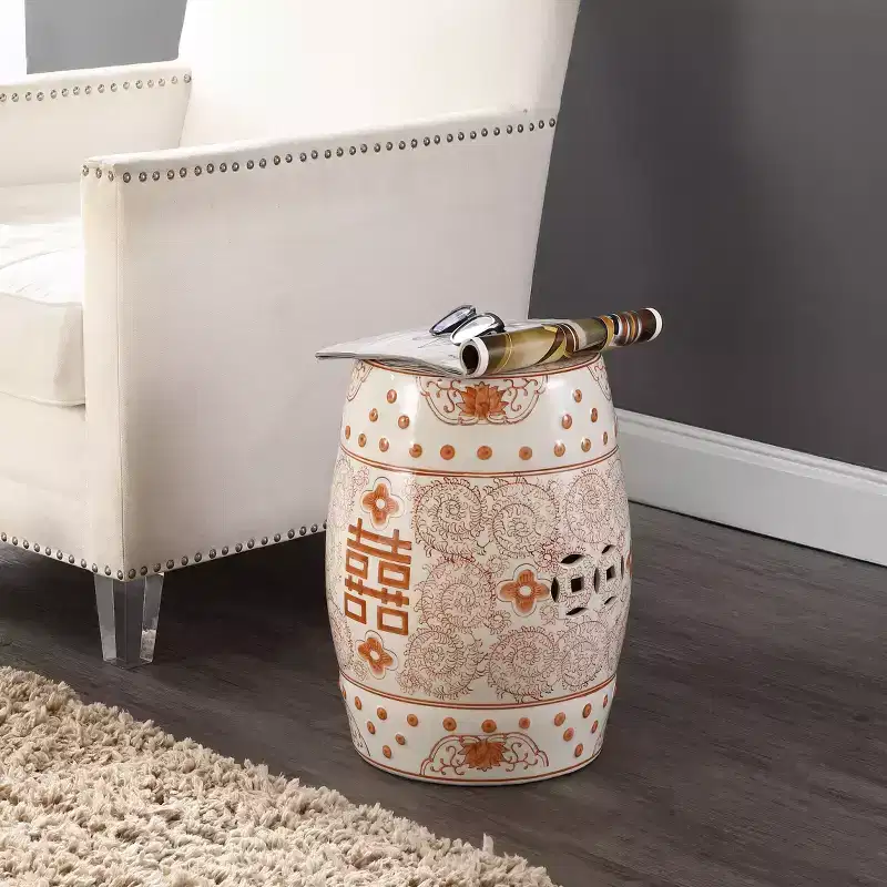 JONATHAN Y Double Happiness 18 Chinoiserie Ceramic Drum Garden Stool/Accent Table