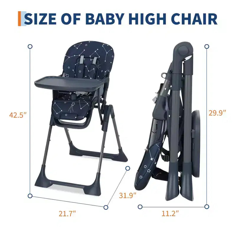 42.5 Adjustable Baby High Chair for Toddlers, Multi-Level Height & Backrest Adjustment, Removable Tray and Fast Folding for Space-Saving Storage