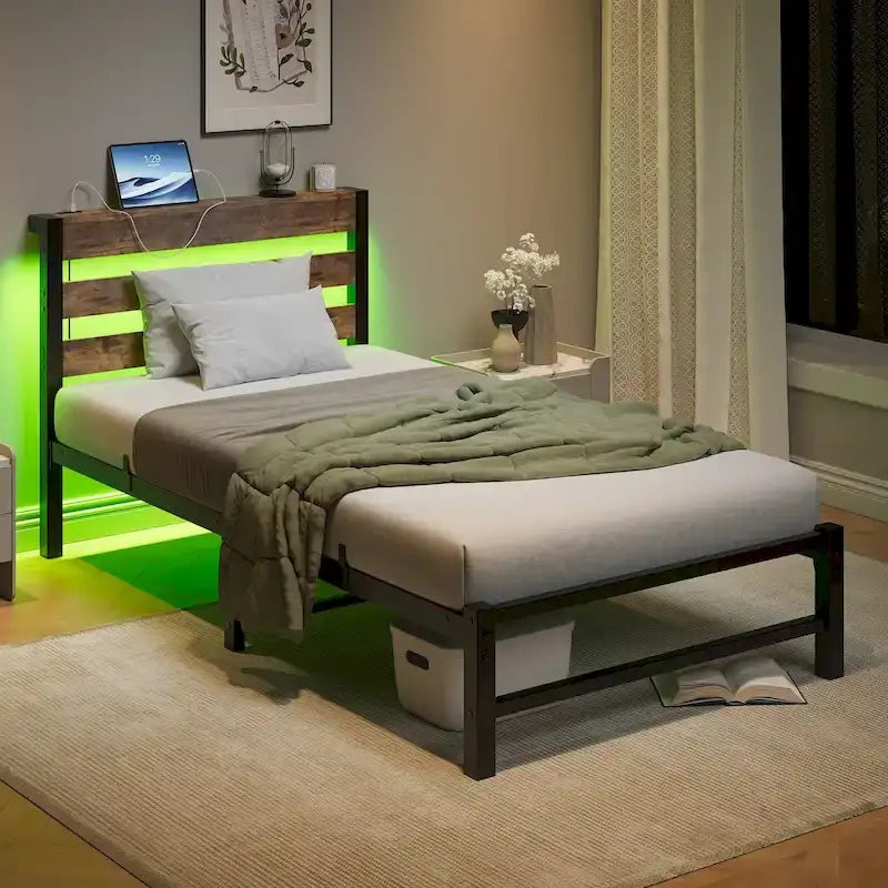 Twin Metal Bed Frame with Wooden Headboard RGB Lights USB Charging Beige Brown