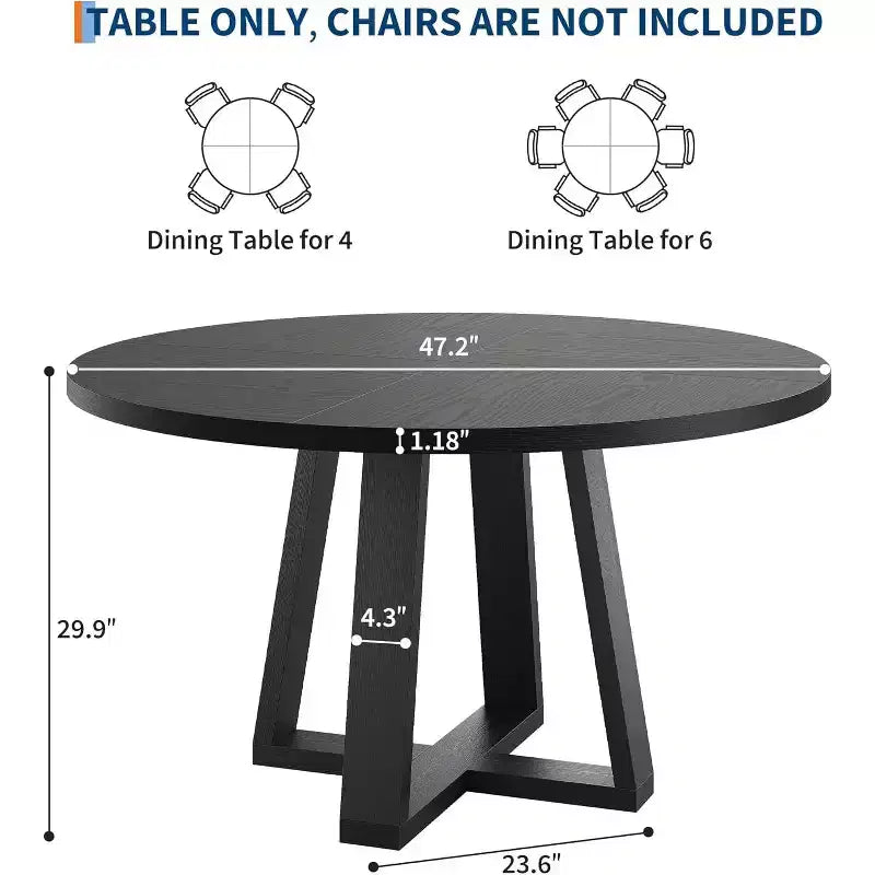 COZONY 47 Round Dining Table for 4-6 People, Modern Kitchen Table with Sturdy Cross-Shaped Base & Adjustable Foot Pads, Black Table for Dining Room
