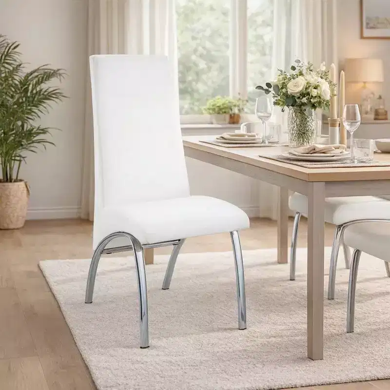 Royal Hampton Polyurethane Upholstered Metal Side Chair, Set of Two, White and Silver