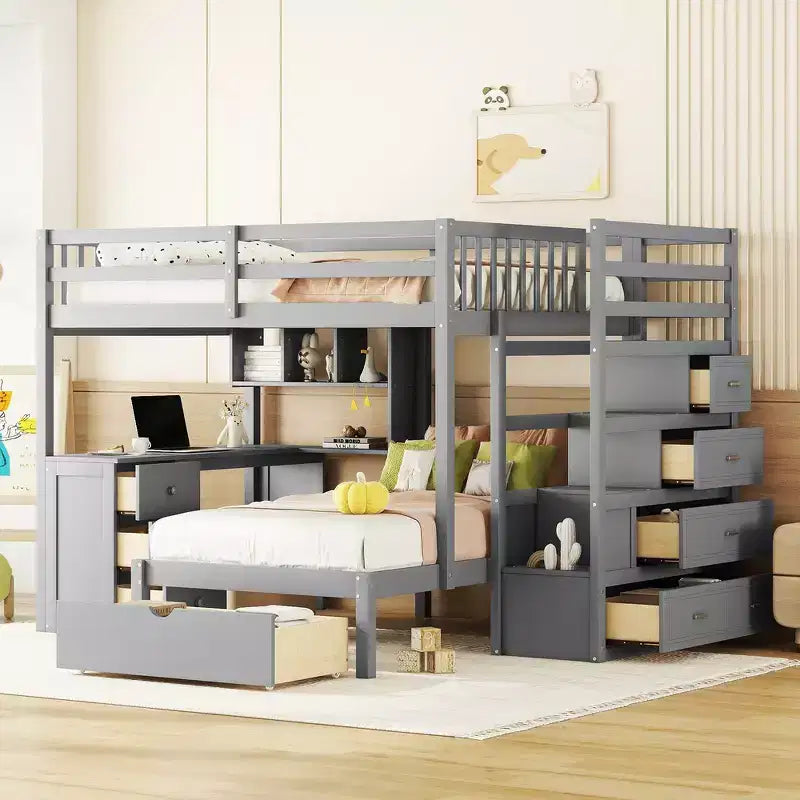 Full Over Twin Bunk Bed with Built-in Desk, Shelves, Multiple Drawers and Storage Staircase