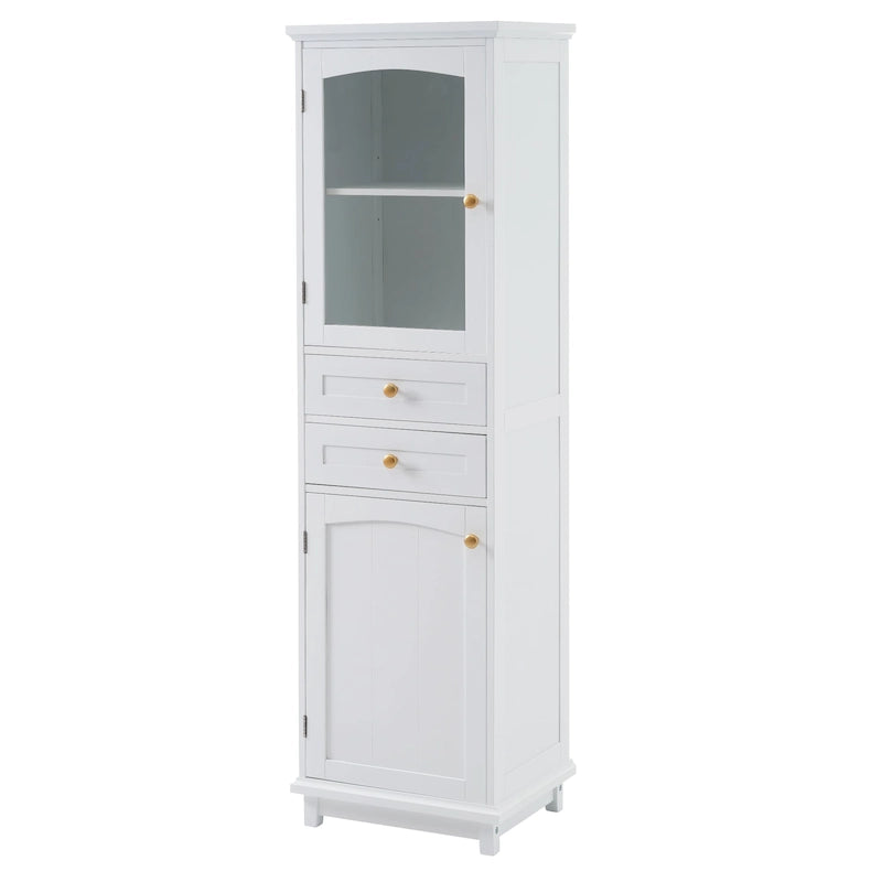 Tall Bathroom Storage Cabinet with Glass Doors Free Standing Cabinet with Two Drawers