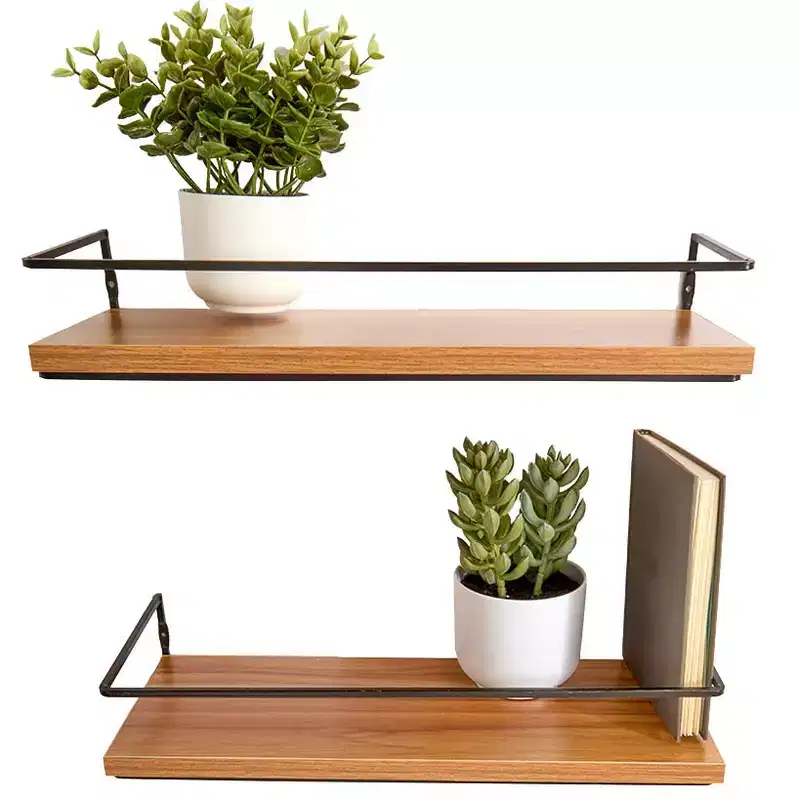 The Lakeside Collection Floating Wall Mounted Wood Shelves with Metal Bar - Set of 2 -