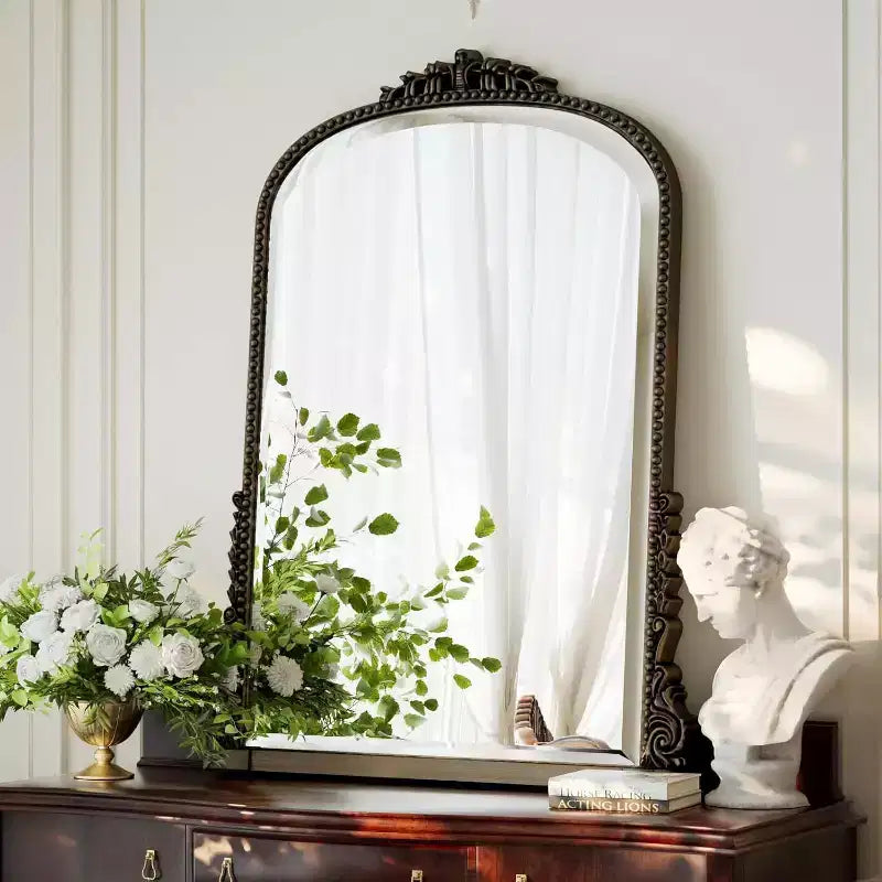 40x28 Wall Mirror, Arched Beaded Mirror with Metal Frame, Decorative Bathroom Vanity Mirror for Entryway, Bedroom, or Living Room